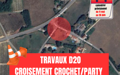 Travaux sur la D20 : intervention secteur chemin du Crochet / route du Party à partir du 11 mai